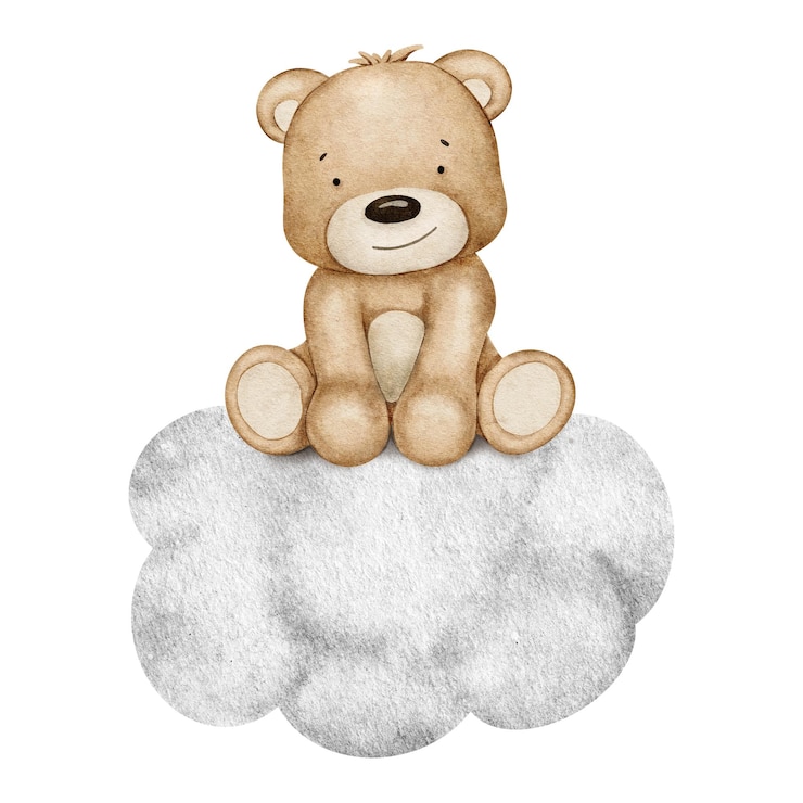Vecteur le bébé ours est assis sur le nuage, un jouet de peluche, un personnage enfantin mignon, une illustration à l'aquarelle.