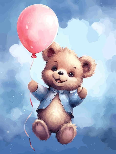 un bébé ours vole dans les nuages et tient un ballon