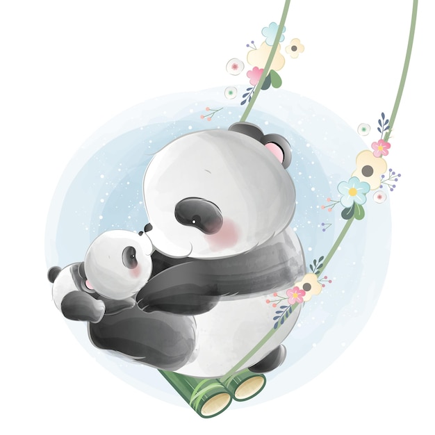 Vecteur bébé panda et maman panda accrochés à une balançoire