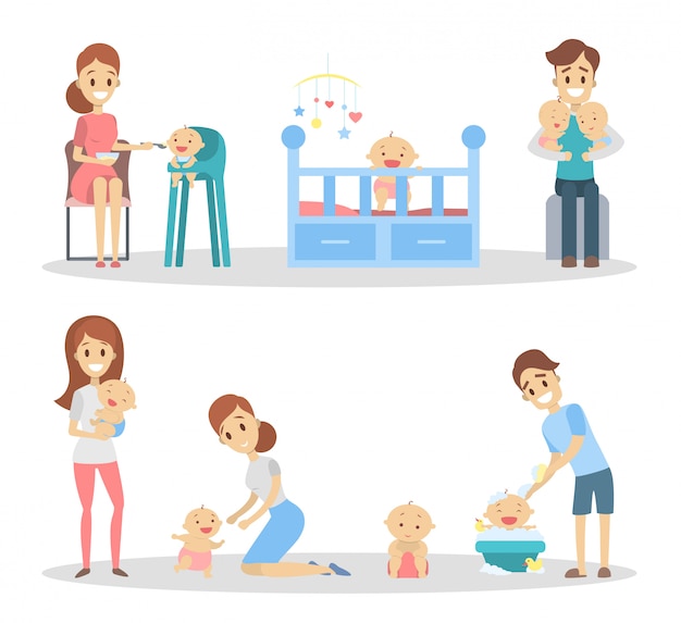 Vecteur bébé avec les parents fixés. nourrir et jouer avec bébé.