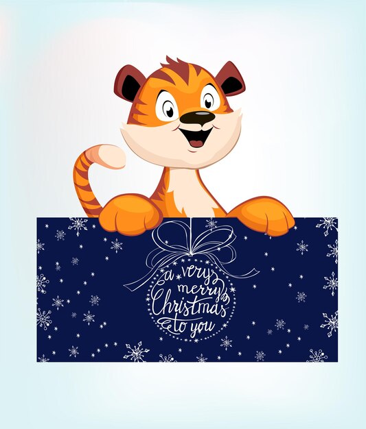 Un Bébé Tigre Tient Une Carte De Noël Dans Ses Pattes. Animal De Dessin Animé Mignon. Illustration.