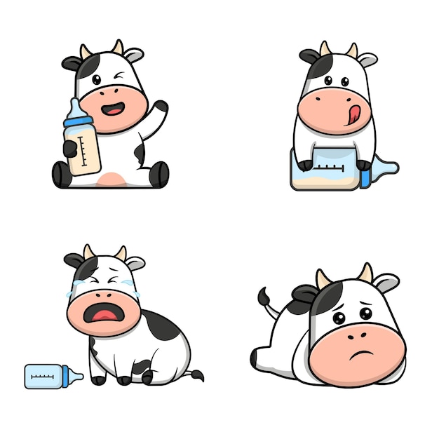 Bébé vache et lait dans différentes poses mis en illustration de dessin animé avec une expression mignonne