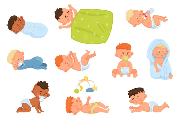 Vecteur bébés de dessins animés, nouveau-nés mignons, tout-petits heureux. personnages de bébés garçons et filles dans des couches buvant du lait rampant ou dormant ensemble de vecteurs. enfants souriant, buvant du lait et jouant avec des jouets