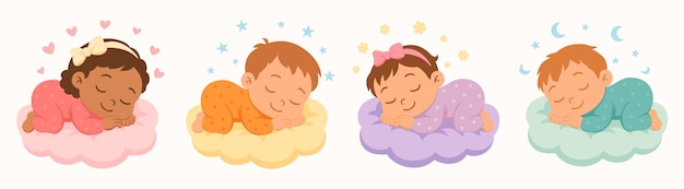Des bébés divers qui dorment sur des nuages colorés Des bébés de dessins animés adorables en pyjama pour la crèche