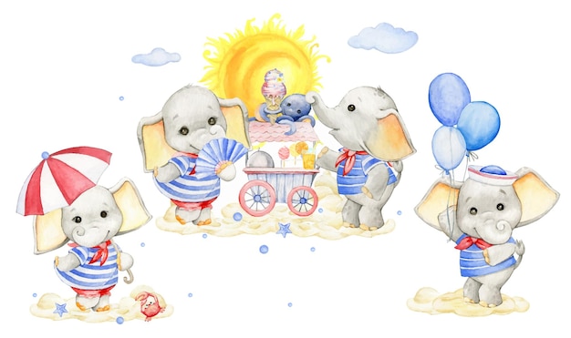 Bébés éléphants en costumes de marin ballons crème glacée soleil crabe parapluie aquarelle ensemble