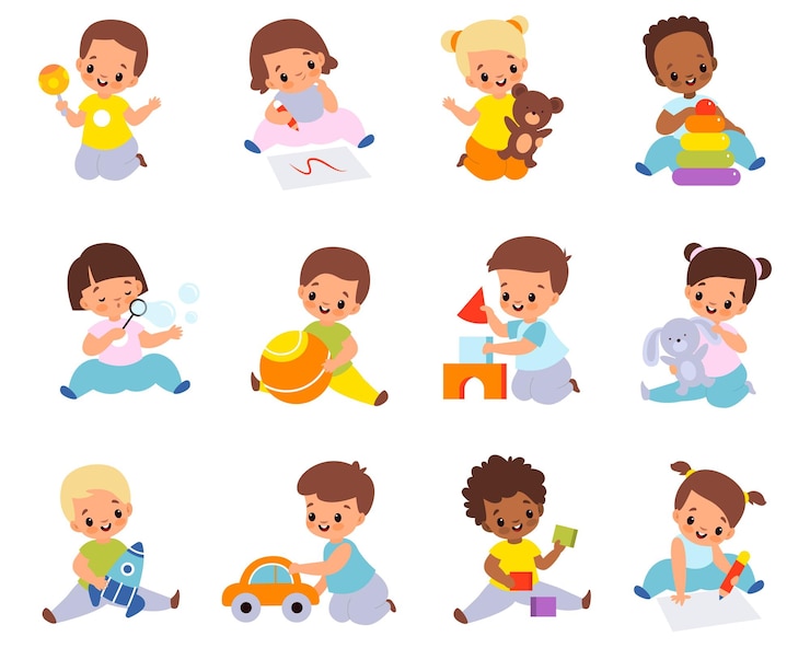 Vecteur bébés jouant avec des jouets les enfants multiethniques tiennent différents objets petits garçons et filles assis sur le sol avec une balle de voiture et des cubes ensemble de dessins animés vectoriels de collection de jouets en peluche et éducatifs