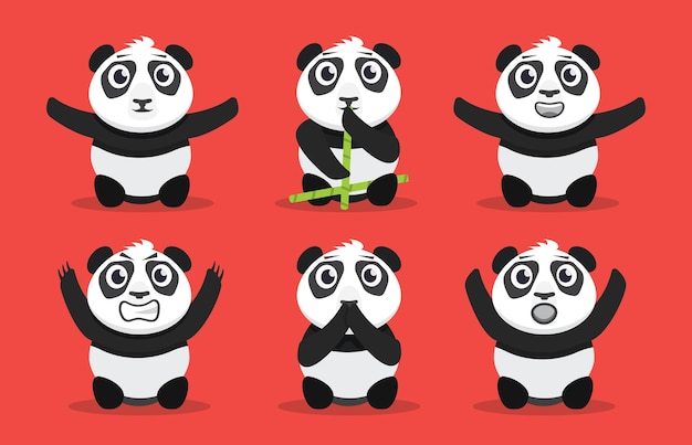 Des bébés pandas de dessins animés dans différentes poses. Des pandas plats mignons dessinés à la main, agressifs, drôles, effrayés, heureux, pandas vectoriels.