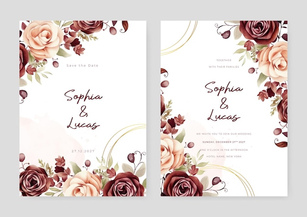 Vecteur beige et rouge rose magnifique modèle de carte d'invitation de mariage avec des fleurs et des fleurs