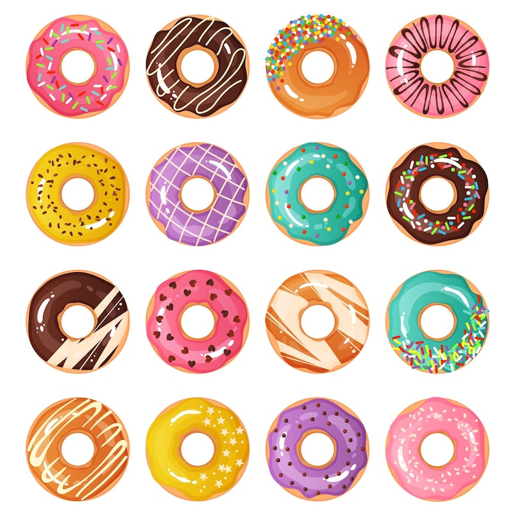 Vecteur beignets colorés desserts glacés de dessin animé décorés de chocolat et de confiseries ensemble de beignets sucrés isolés modèles de gâteaux délicieux malbouffe au four vecteur mignon repas délicieux