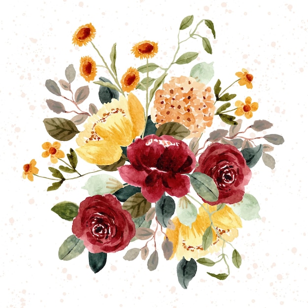 Bel Arrangement Aquarelle De Jardin Floral Rouge Jaune