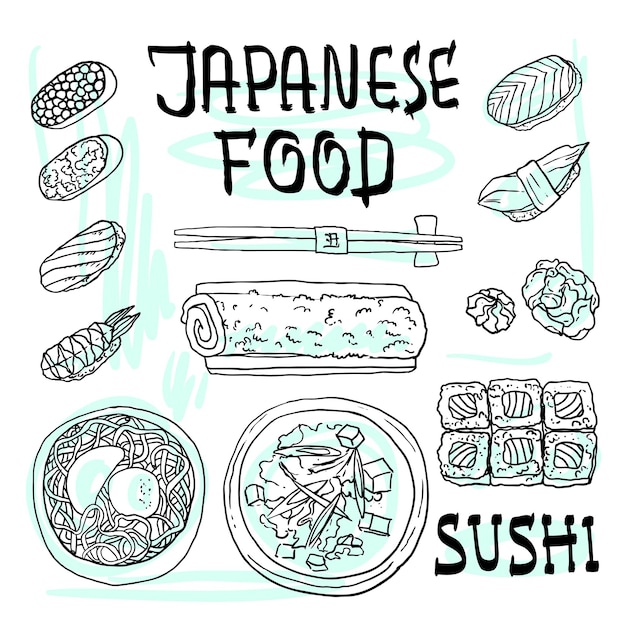 Bel ensemble dessiné à la main d'illustrations de plats japonais pour votre conception
