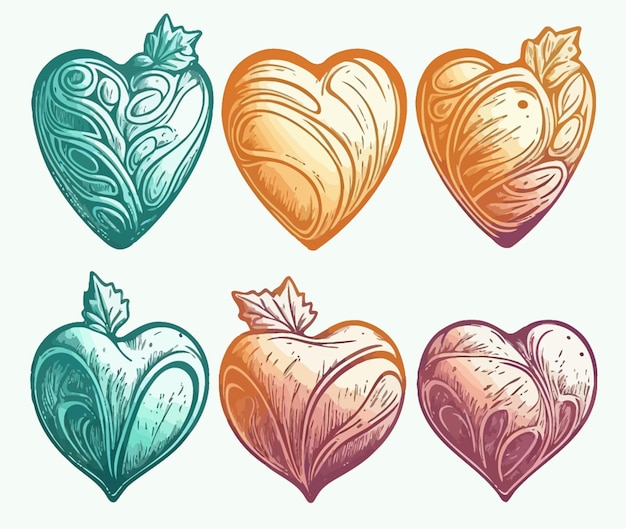 Bel ensemble de six coeurs d'amour peints en illustration de style aquarelle