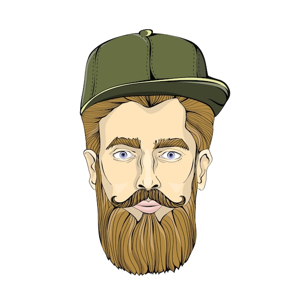 Vecteur bel homme avec une barbe et une moustache portant une casquette verte sur fond blanc. le bûcheron vous regarde. image graphique de la tête. illustration isolée.