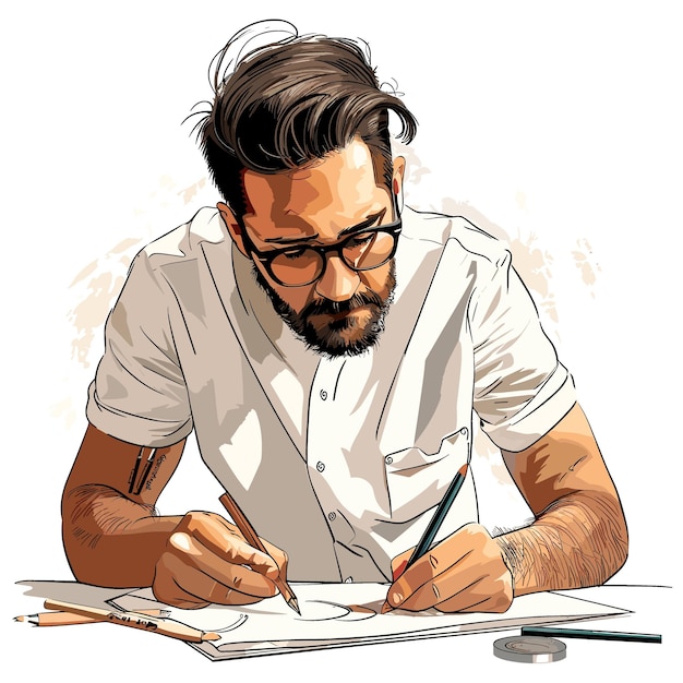 Un Bel Homme Barbu, Un Artiste En Chemise Blanche Et Des Lunettes, écrit Dans Un Cahier.