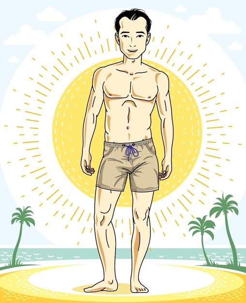 Vecteur bel homme brunet debout sur une plage tropicale et portant des shorts de plage. illustration humaine de vecteur. thème des vacances d'été.