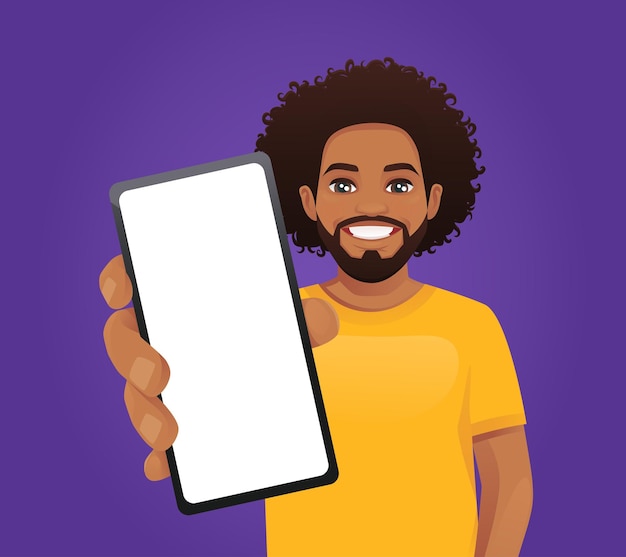 Vecteur bel homme montrant un écran de téléphone vierge sur illustration vectorielle fond violet