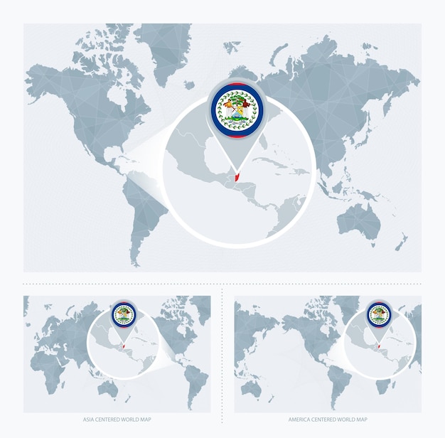 Vecteur belize agrandi sur la carte du monde 3 versions de la carte du monde avec drapeau et carte du belize