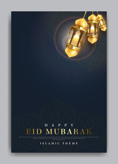 Belle Affiche Eid Mubarak Dans Un Style Bleu Foncé Et Or