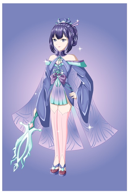 Une belle anime girl cheveux violets avec un costume bleu violet apporte l'épée