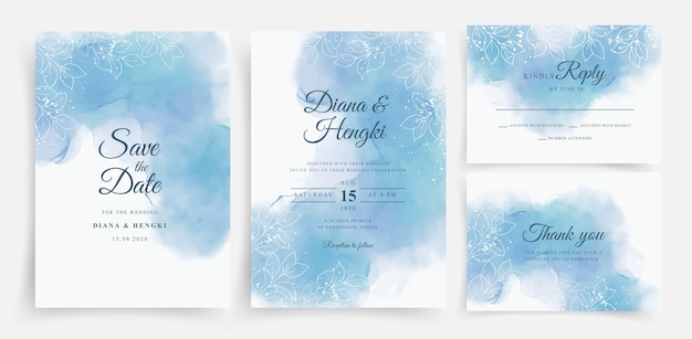 Belle Aquarelle Bleue Douce Sur Le Modèle De Carte De Mariage