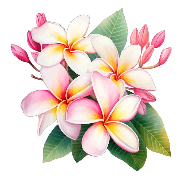 Vecteur belle aquarelle plumeria fleurs clipart et feuilles aquarelle éléments floraux