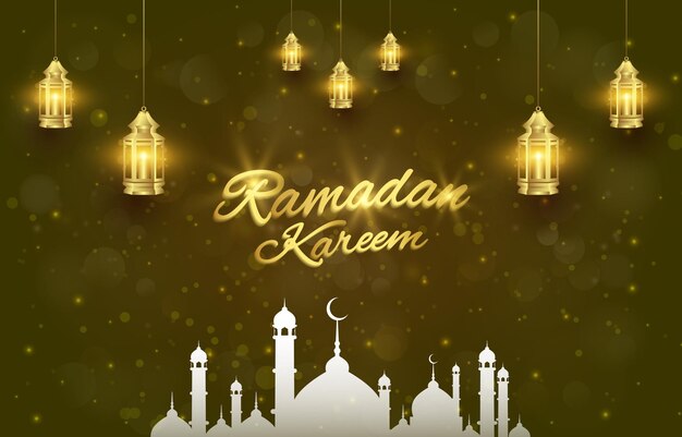 Belle Bannière D'illustration Ramadan Kareem Avec Ornement Islamique Léger De Luxe Brillant Et Conception Abstraite De Fond Dégradé Vert Et Marron