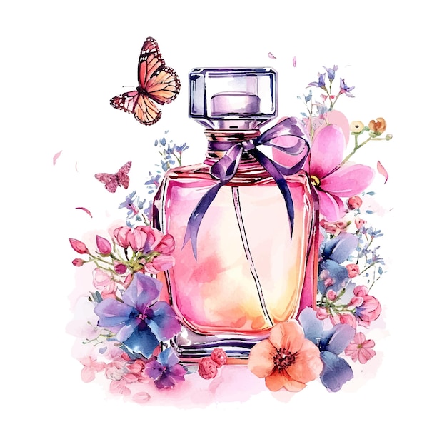 une belle bouteille de parfum avec des fleurs et un arc sur un fond blanc illustration de page entière