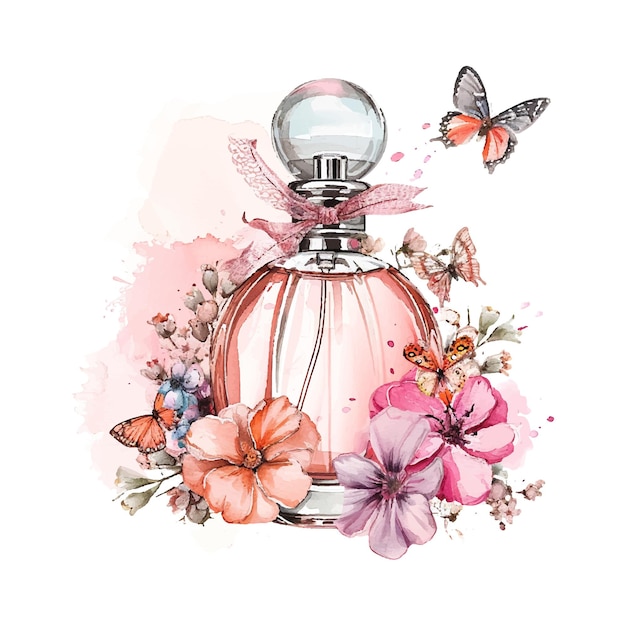 une belle bouteille de parfum avec des fleurs et un arc sur un fond blanc illustration de page entière