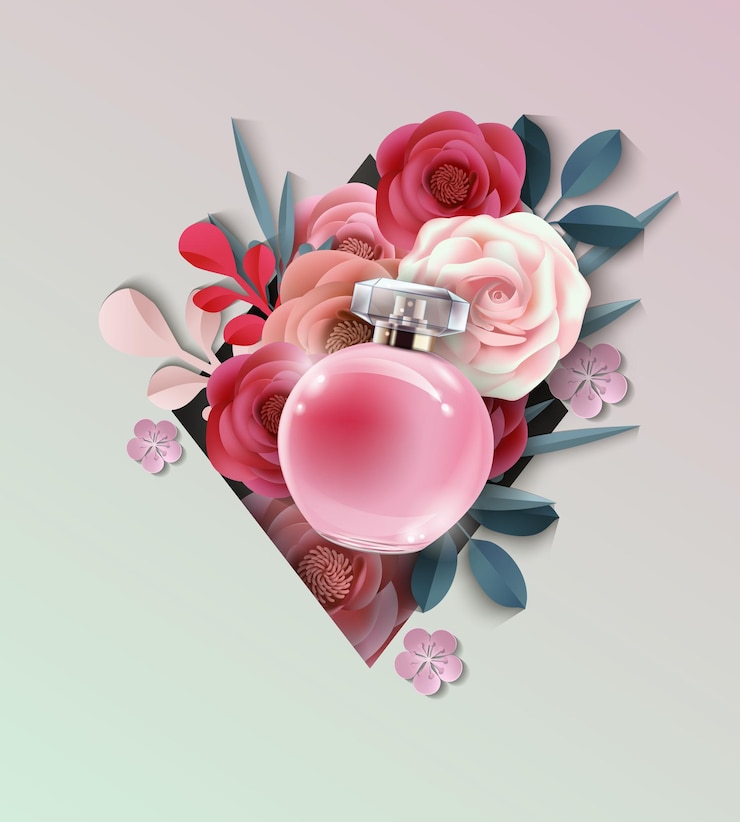Vecteur belle bouteille de parfum réaliste sur fond de belles fleurs en papier. fond de beauté et de cosmétiques. utilisation pour dépliant publicitaire, bannière, dépliant. vecteur de modèle.