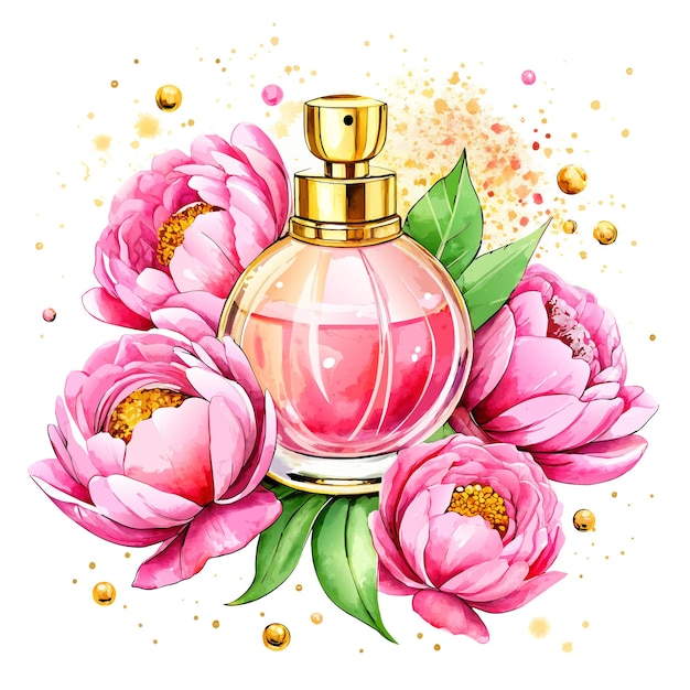 une belle bouteille de parfum rose avec des pions dans le style glamour illustration à l'aquarelle à l'éclat doré sur fond blanc