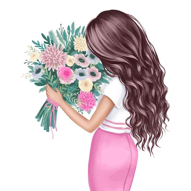 Belle Brune Avec Un Bouquet De Fleurs. Illustration De Mode