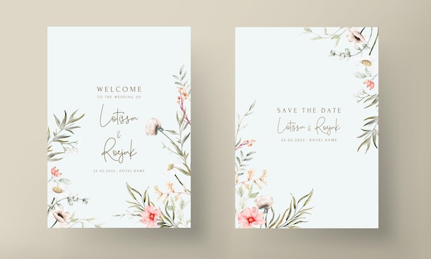 belle carte d'invitation de mariage aquarelle avec fleur élégante et feuillage minuscule