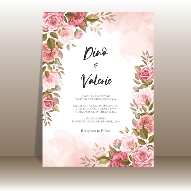 Vecteur belle carte d'invitation de mariage avec décoration rose