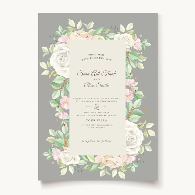 Belle Carte D'invitation De Mariage Floral Doux Et Feuilles