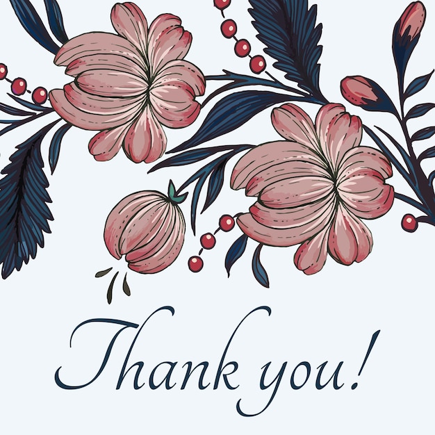 Belle carte de remerciement avec composition de carte de cadre floral de fleurs dessinées à la main
