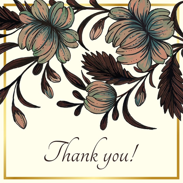 Vecteur belle carte de remerciement avec composition de fleurs dessinées à la main et cadre doré