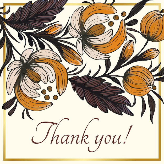 Belle carte de remerciement avec composition de fleurs dessinées à la main et cadre doré