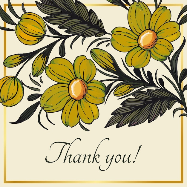 Belle carte de remerciement avec composition de fleurs dessinées à la main et cadre doré