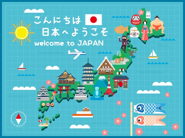 Belle Carte De Voyage Au Japon Bonjour Et Bienvenue Au Japon En Japonais