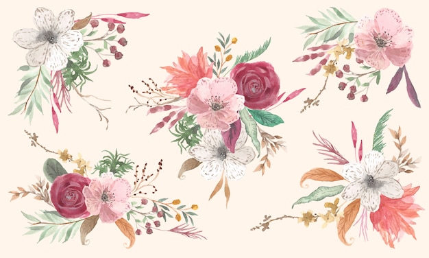 Belle Collection D'aquarelle D'arrangement De Fleurs Vintage