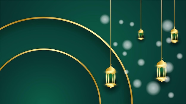 Belle conception de bannière ramadan kareem vert et or Fond de Ramadan Kareem 3D réaliste Lune d'or vert et fond d'éléments islamiques de luxe abstrait