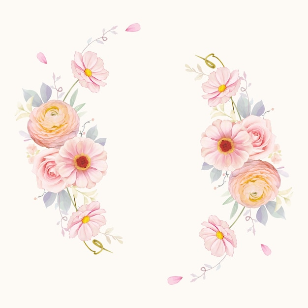 Belle couronne florale avec des roses roses aquarelles et fleur de renoncule