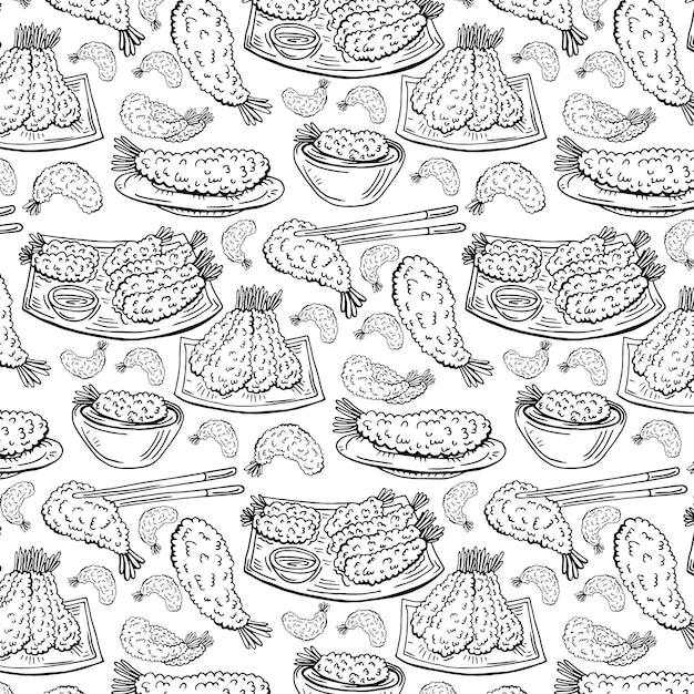 Belle cuisine japonaise, superbe design à toutes fins. Modèle sans couture de vecteur de dessin au trait Doodle.