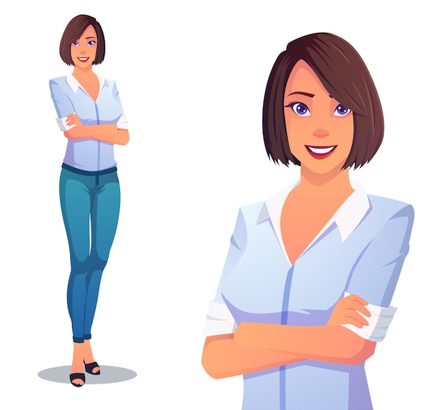 Belle dame portant un pantalon bleu et une chemise blanche avec les bras croisés
