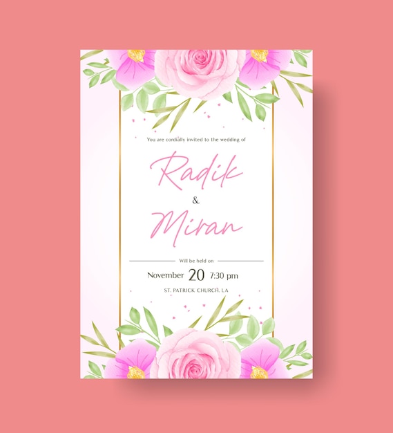 Belle Et élégante Conception De Cartes D'invitation De Mariage Aquarelle Avec Des Roses Roses Et Des Feuilles Vertes