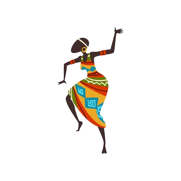 Belle femme africaine dansant la danse folklorique ou rituelle Danseuse aborigène en vêtements ethniques ornés de couleurs vives Illustration vectorielle sur fond blanc