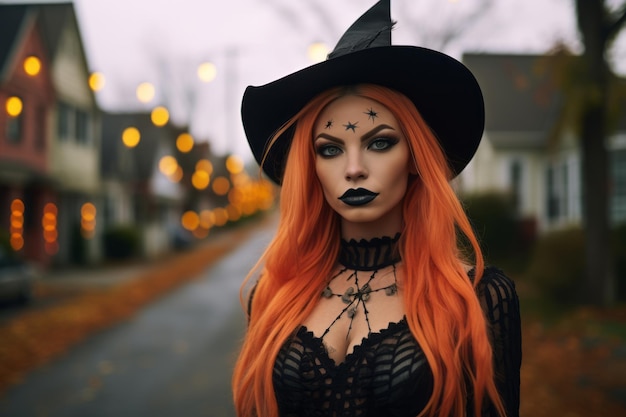 Vecteur une belle femme aux cheveux orange portant un chapeau de sorcière