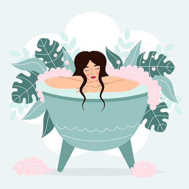 Belle femme brune dans la baignoire avec de la mousse rose Soins du corps Spa de relaxation Illustration vectorielle dans un style plat de dessin animé