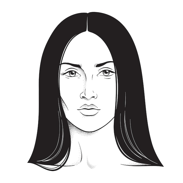 Belle Femme Brune Portrait Dessin Au Trait Et Dot Travail Face Graphique Maquillage Artiste Modèle Vierge Illustration Vectorielle