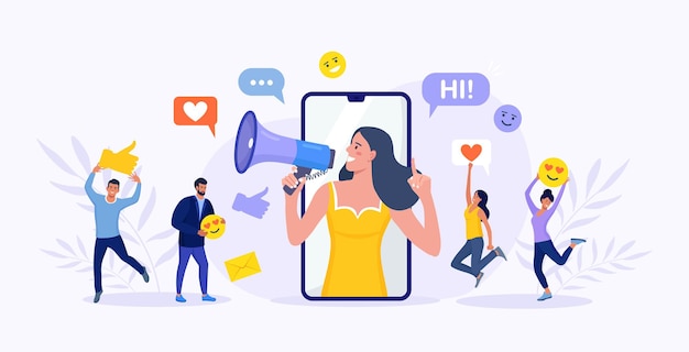 Belle femme criant dans un mégaphone et des jeunes, des adeptes l'entourant d'icônes de médias sociaux. Influenceur ou blogueur sur l'écran du téléphone. Marketing Internet, promotion des réseaux sociaux, SMM.